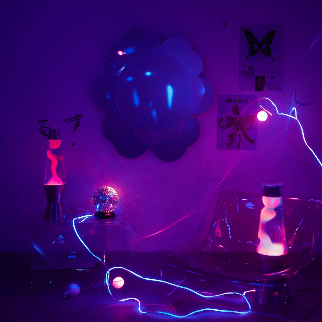 Déco Y2K : miroir fleur, lampe lave et affiches années 2000
