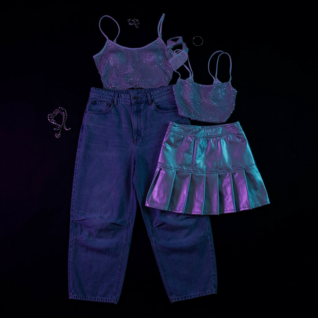 Flat lay de vêtements Y2K : top mesh, jean baggy et jupe vinyle