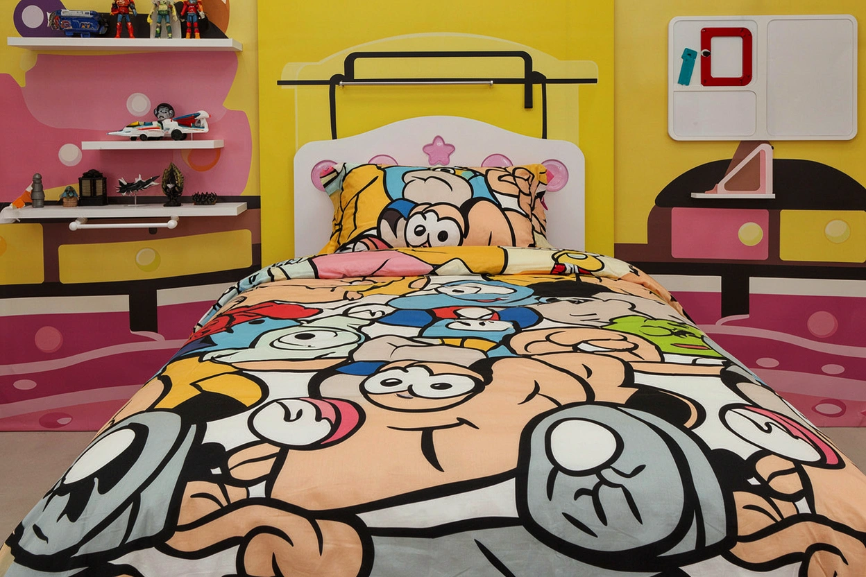 Chambre pop culture avec housse cartoon et figurines