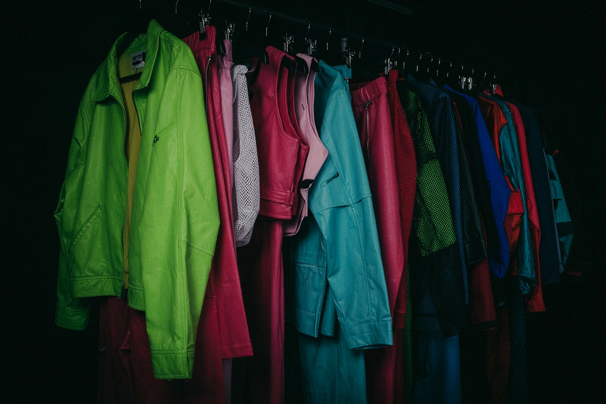 Portant de vêtements fluo acid, rose et cyan
