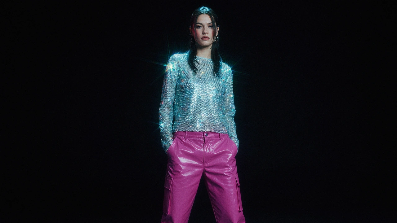 Mannequin en top mesh argenté et pantalon rose fluo sous un éclairage néon