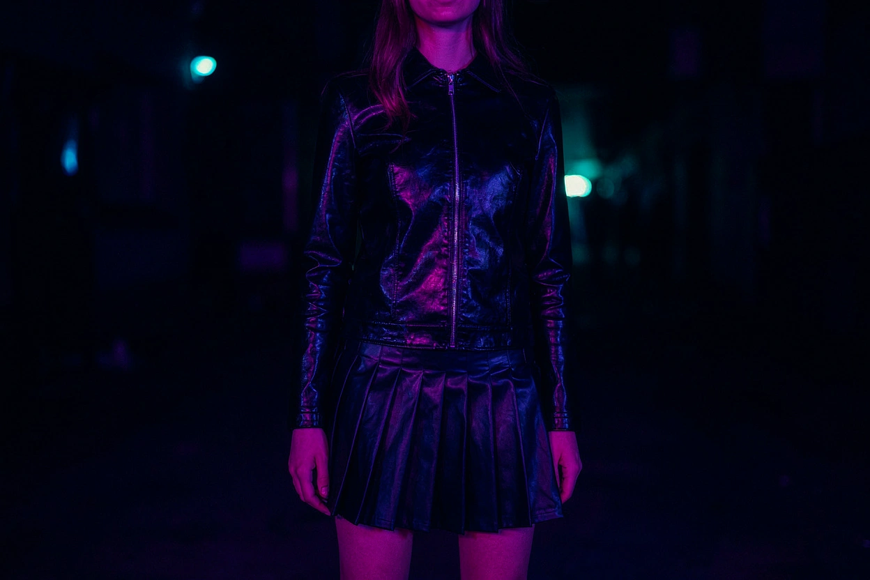 Look jupe plissée et veste vinyle